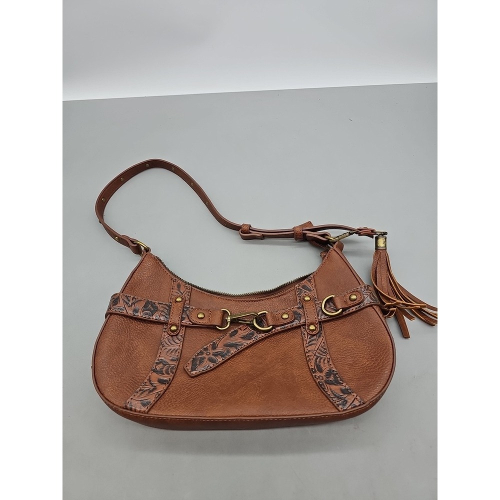 Rein & Bridle Brown Embossed Floral Crescent Shoulder Bag Buckle Western Theme